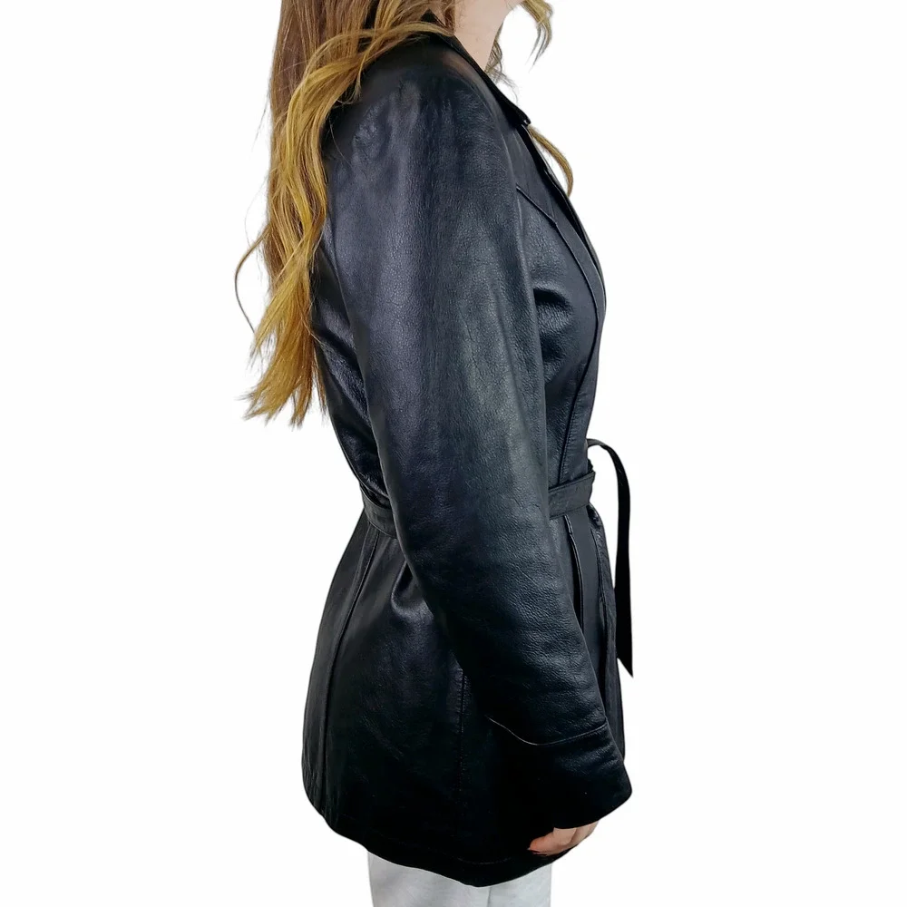Colebrook SZ M 90's Y2K Genuine Leather Jacket Tie Waist Black